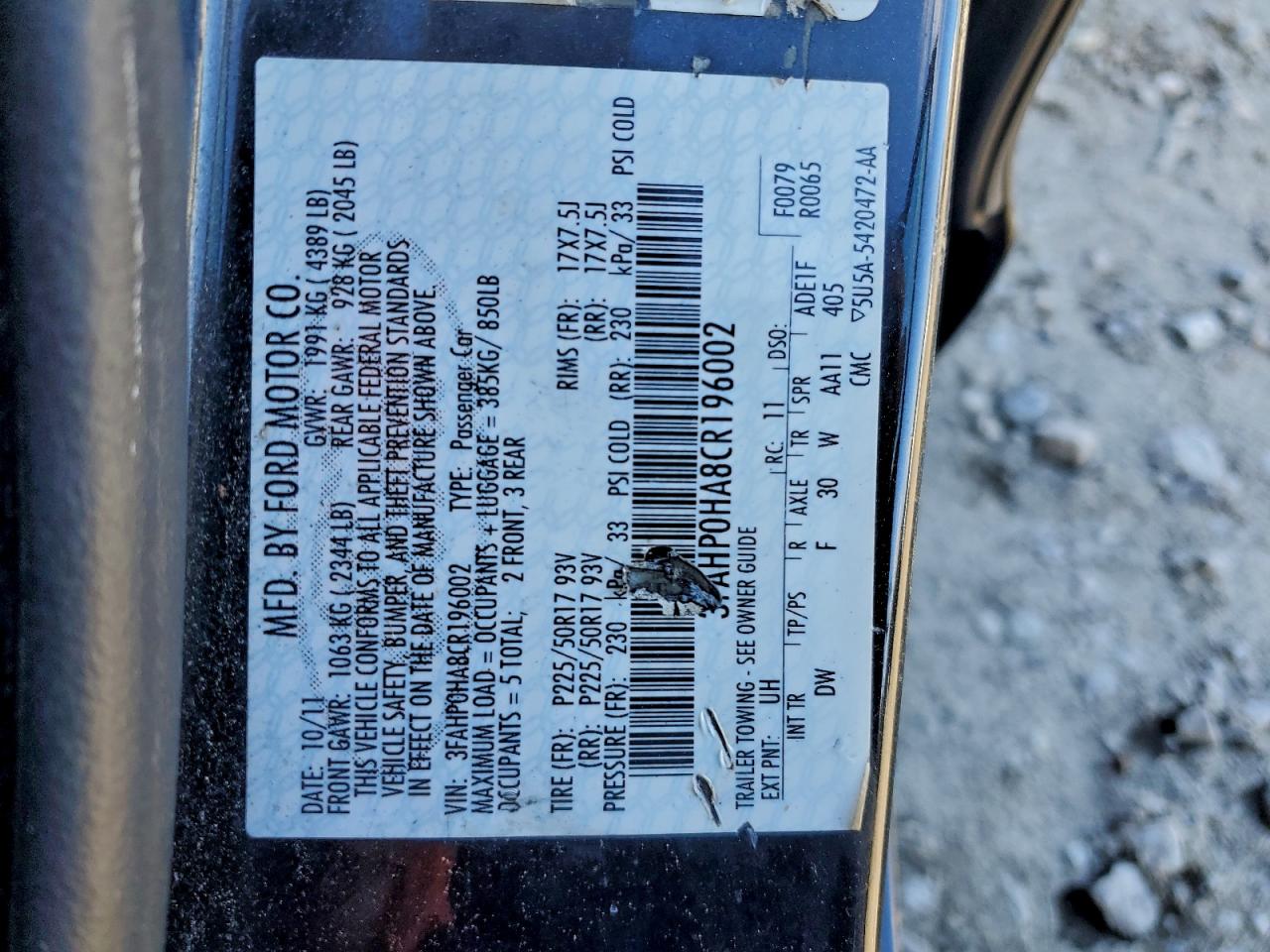 2012 Ford Fusion Se VIN: 3FAHP0HA8CR196002 Lot: 94125865