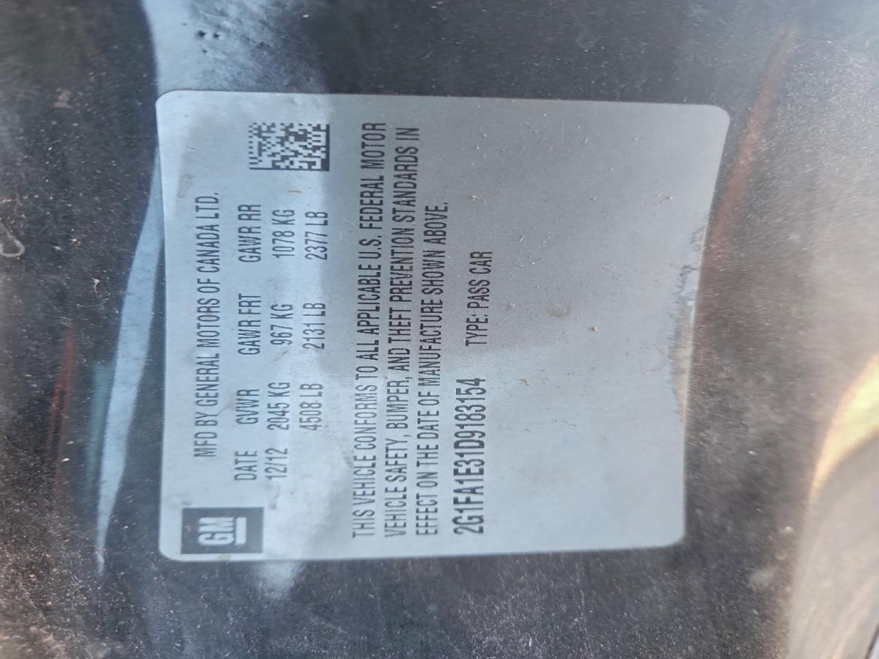 2013 Chevrolet Camaro Ls VIN: 2G1FA1E31D9183154 Lot: 94175315