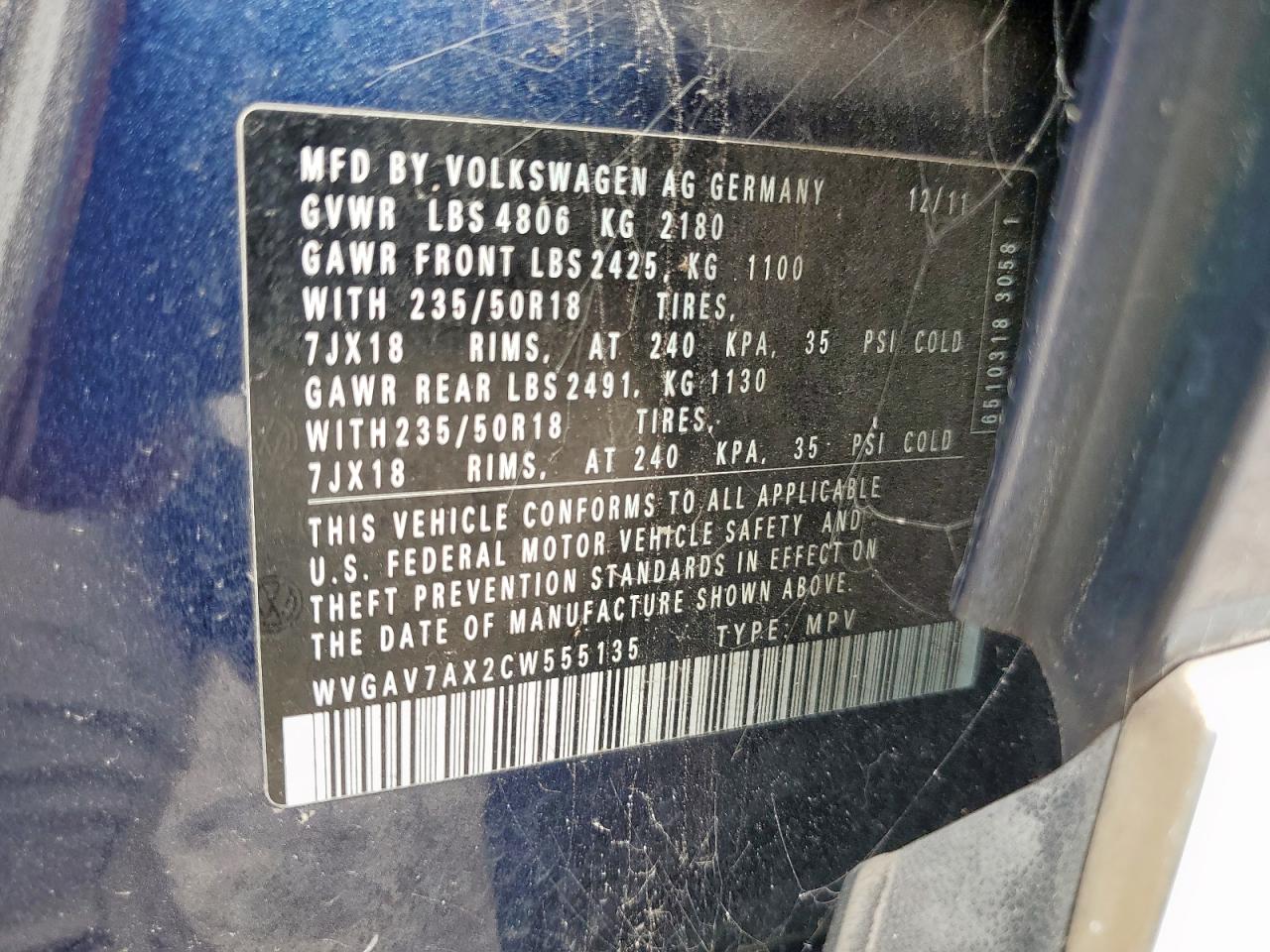 2012 Volkswagen Tiguan S VIN: WVGAV7AX2CW555135 Lot: 93660795