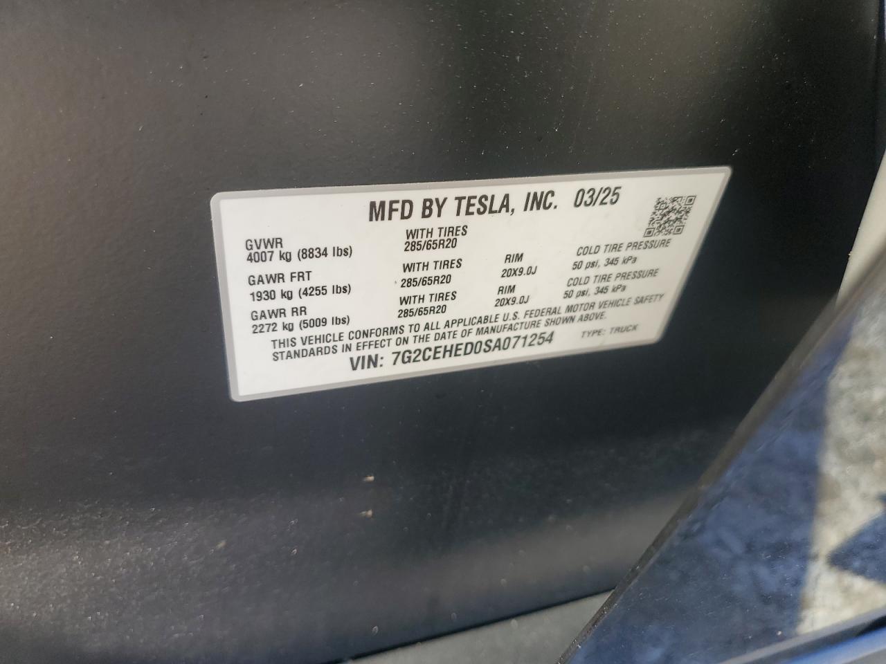 2025 Tesla Cybertruck VIN: 7G2CEHED0SA071254 Lot: 91282485