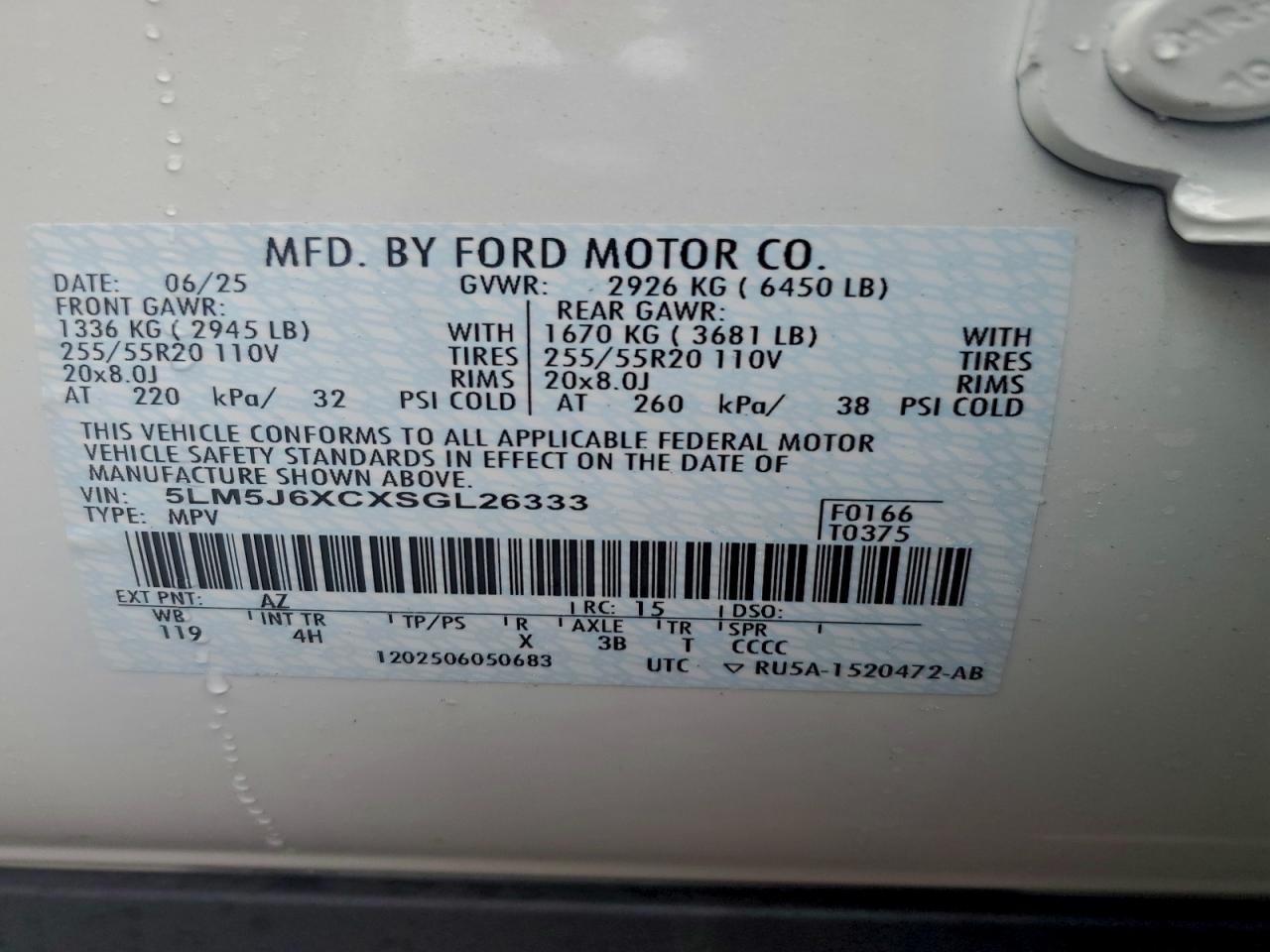 2025 Lincoln Aviator VIN: 5LM5J6XCXSGL26333 Lot: 93858225