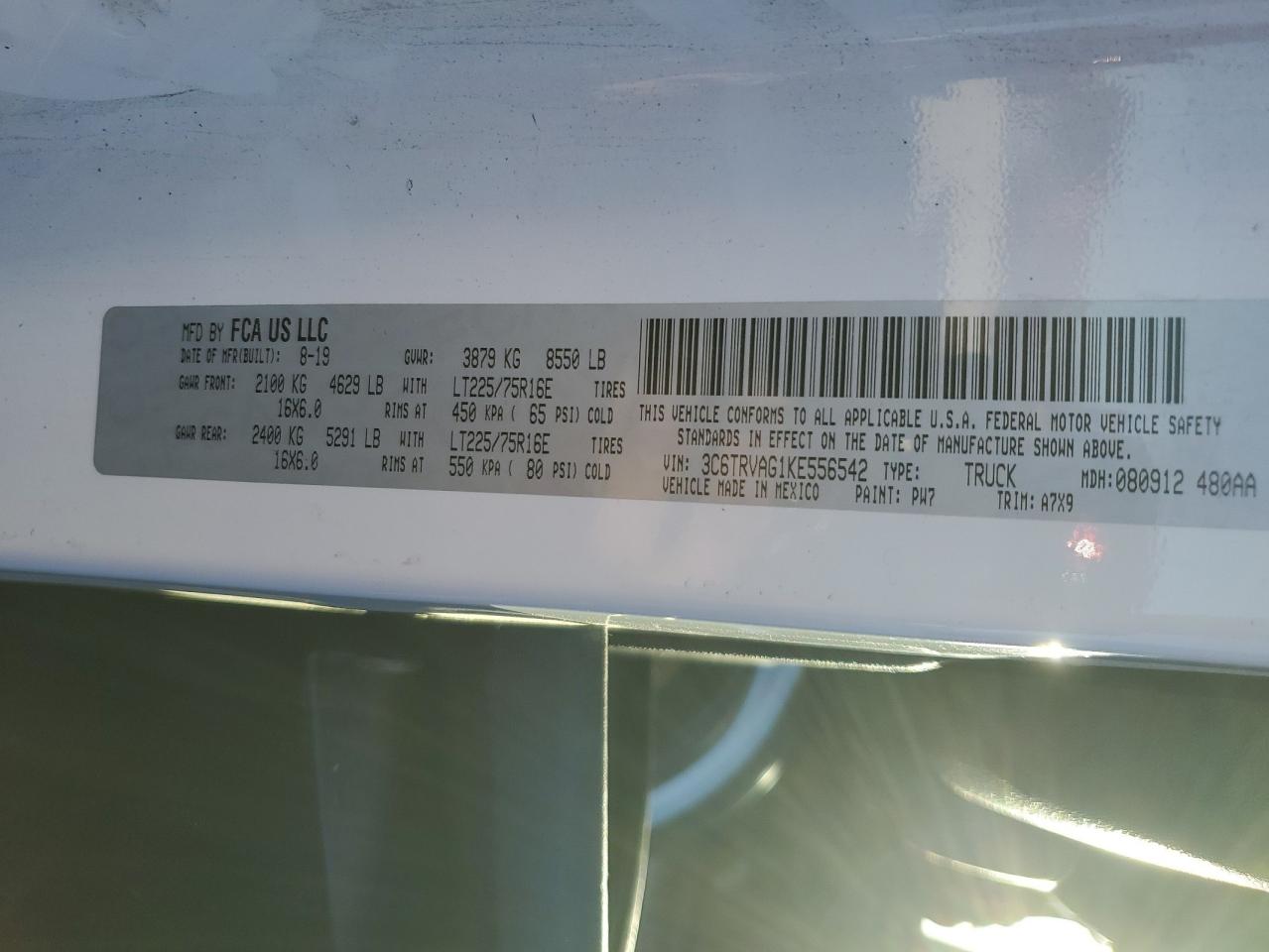 2019 Ram Promaster 1500 1500 Standard VIN: 3C6TRVAG1KE556542 Lot: 91655595