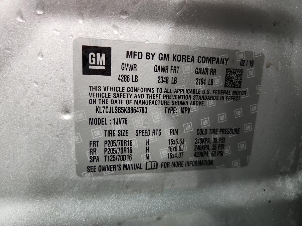 2019 Chevrolet Trax 1Lt VIN: KL7CJLSB5KB864783 Lot: 93229395