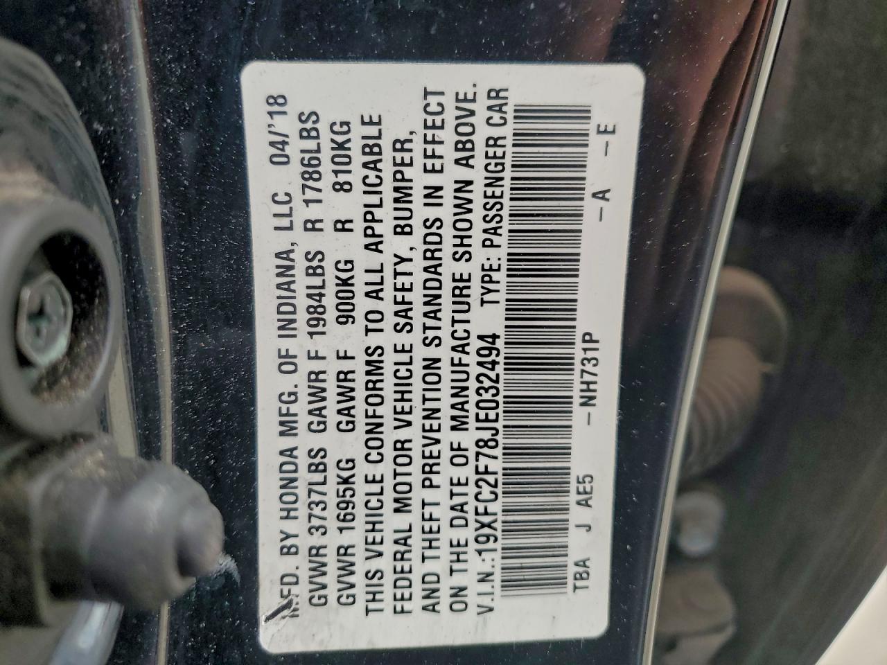 2018 Honda Civic Ex VIN: 19XFC2F78JE032494 Lot: 94474825