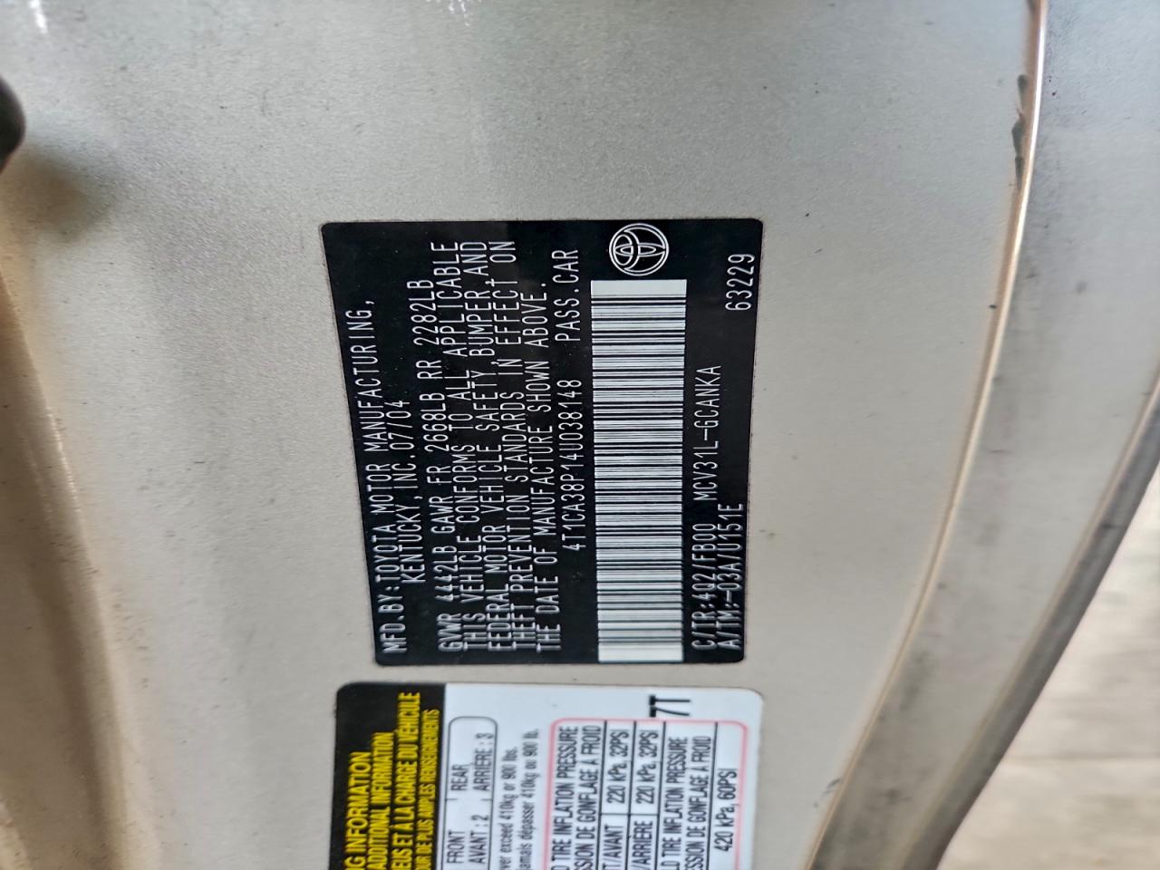 2004 Toyota Camry Solara Se VIN: 4T1CA38P14U038148 Lot: 93701345