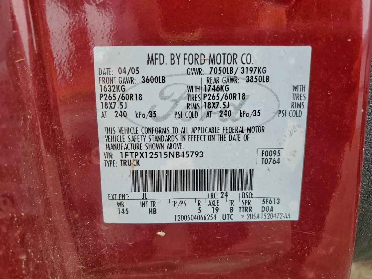 2005 Ford F150 VIN: 1FTPX12515NB45793 Lot: 93910835