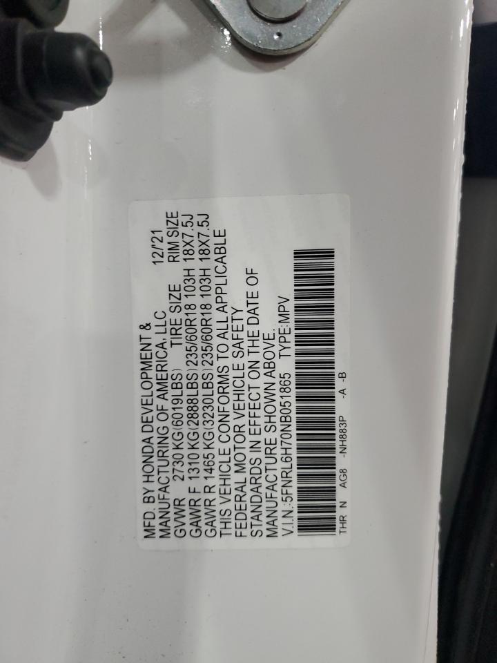 2022 Honda Odyssey Exl VIN: 5FNRL6H70NB051865 Lot: 93368635