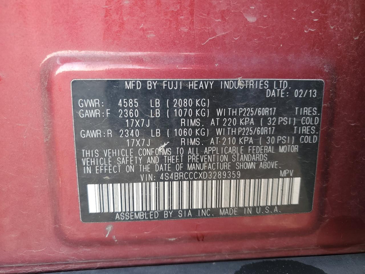 2013 Subaru Outback 2.5I Premium VIN: 4S4BRCCCXD3289359 Lot: 92436345