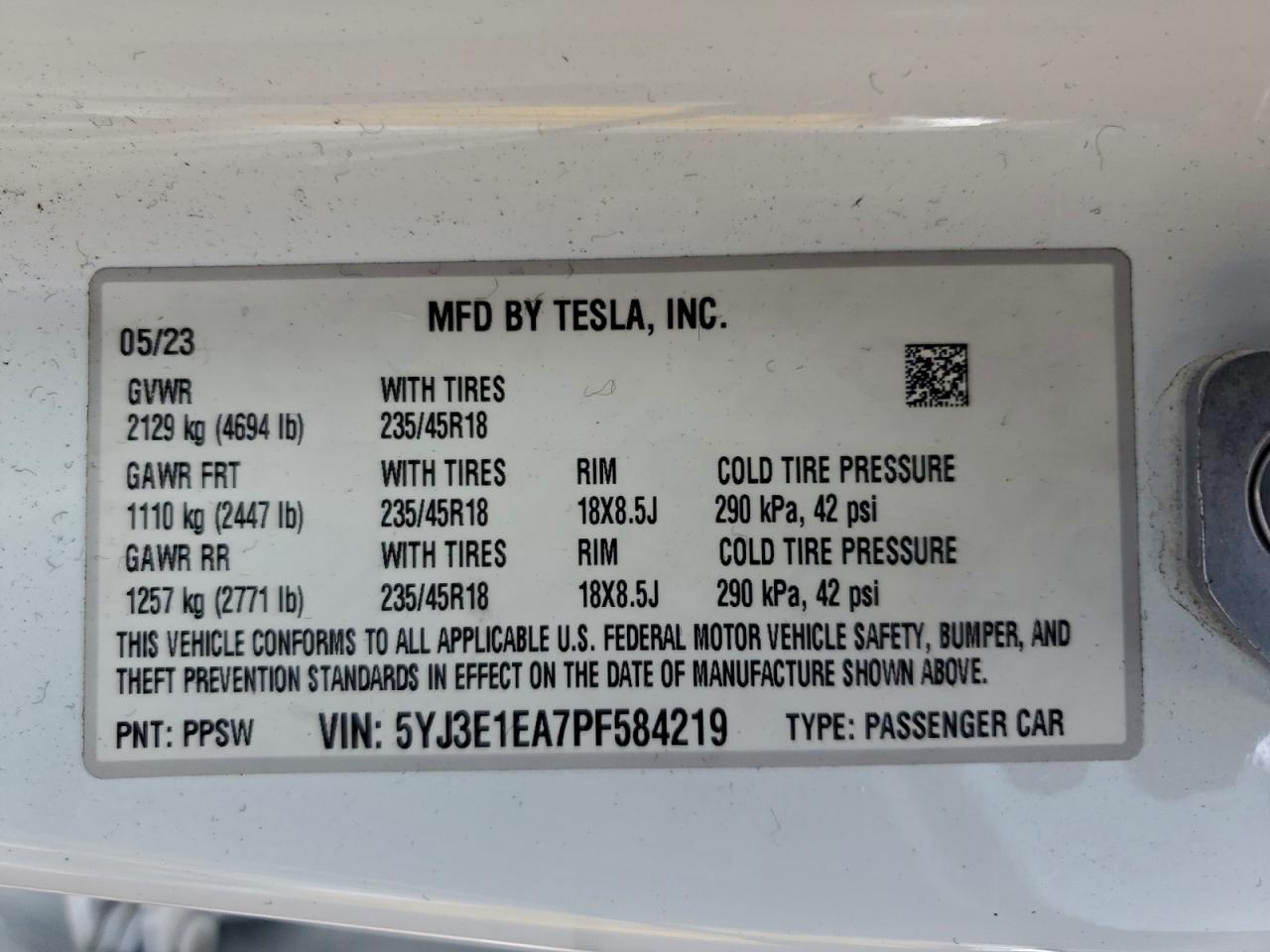 2023 Tesla Model 3 VIN: 5YJ3E1EA7PF584219 Lot: 93528215