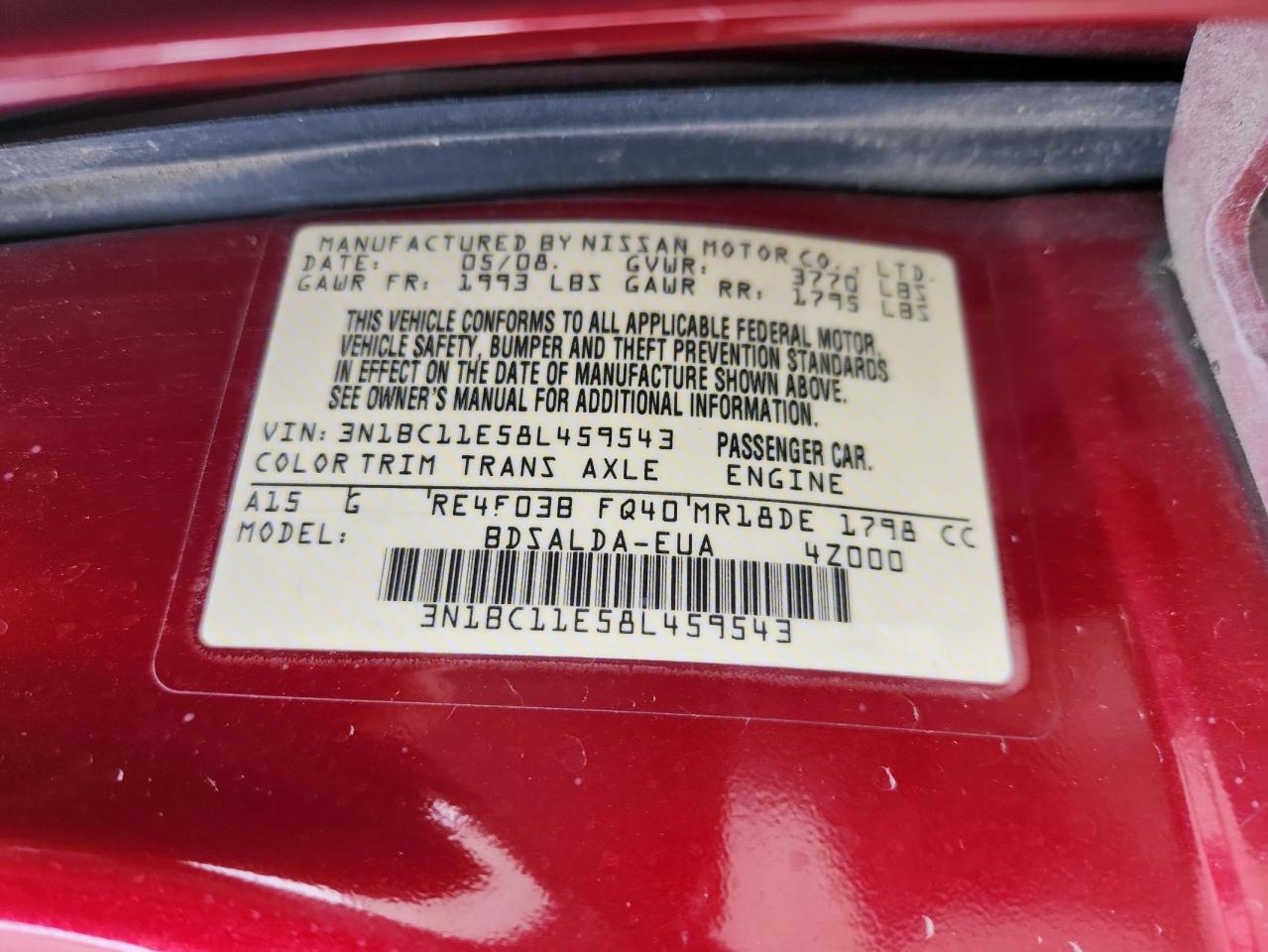 2008 Nissan Versa S VIN: 3N1BC11E58L459543 Lot: 93446735