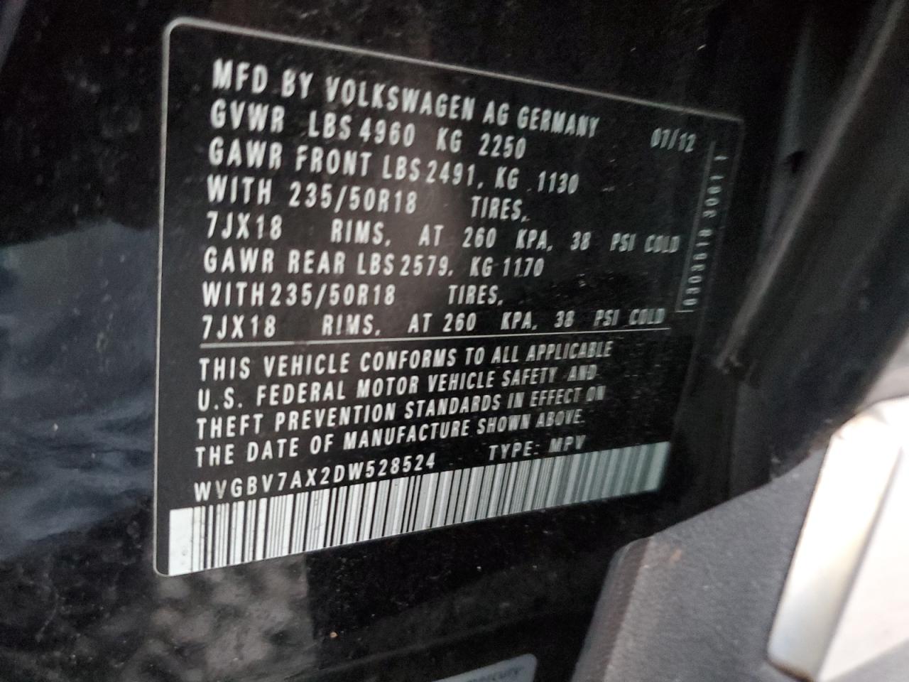 2013 Volkswagen Tiguan S VIN: WVGBV7AX2DW528524 Lot: 93610855