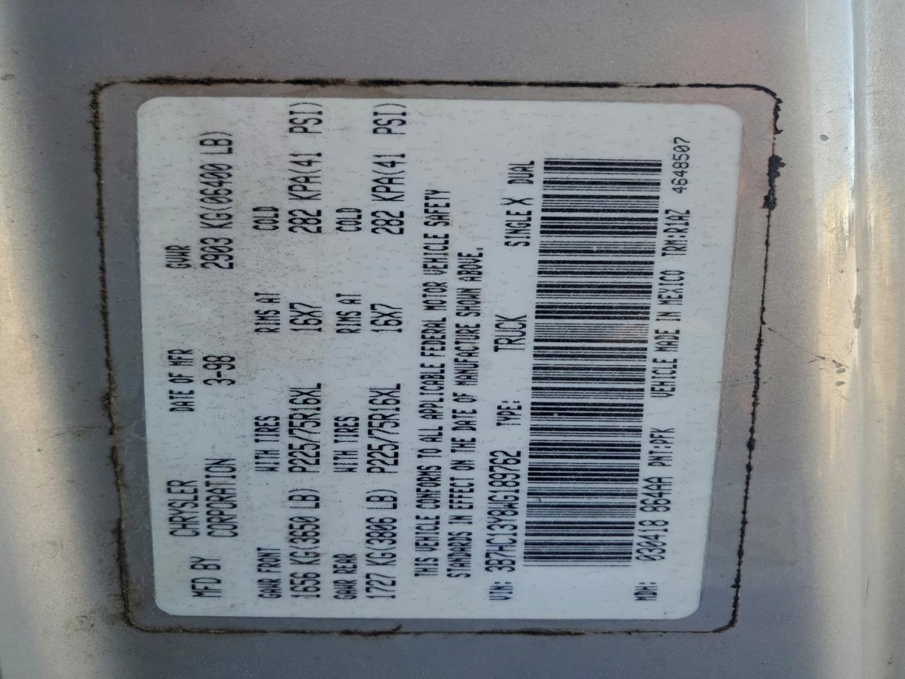 1998 Dodge Ram 1500 VIN: 3B7HC13Y8WG189762 Lot: 92257265