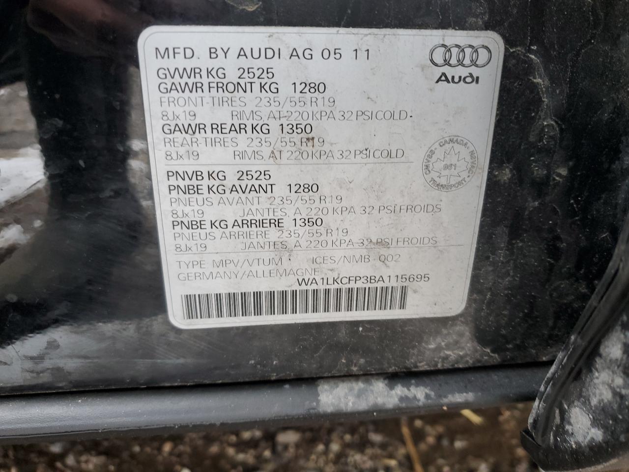 2011 Audi Q5 Premium Plus VIN: WA1LKCFP3BA115695 Lot: 92629135