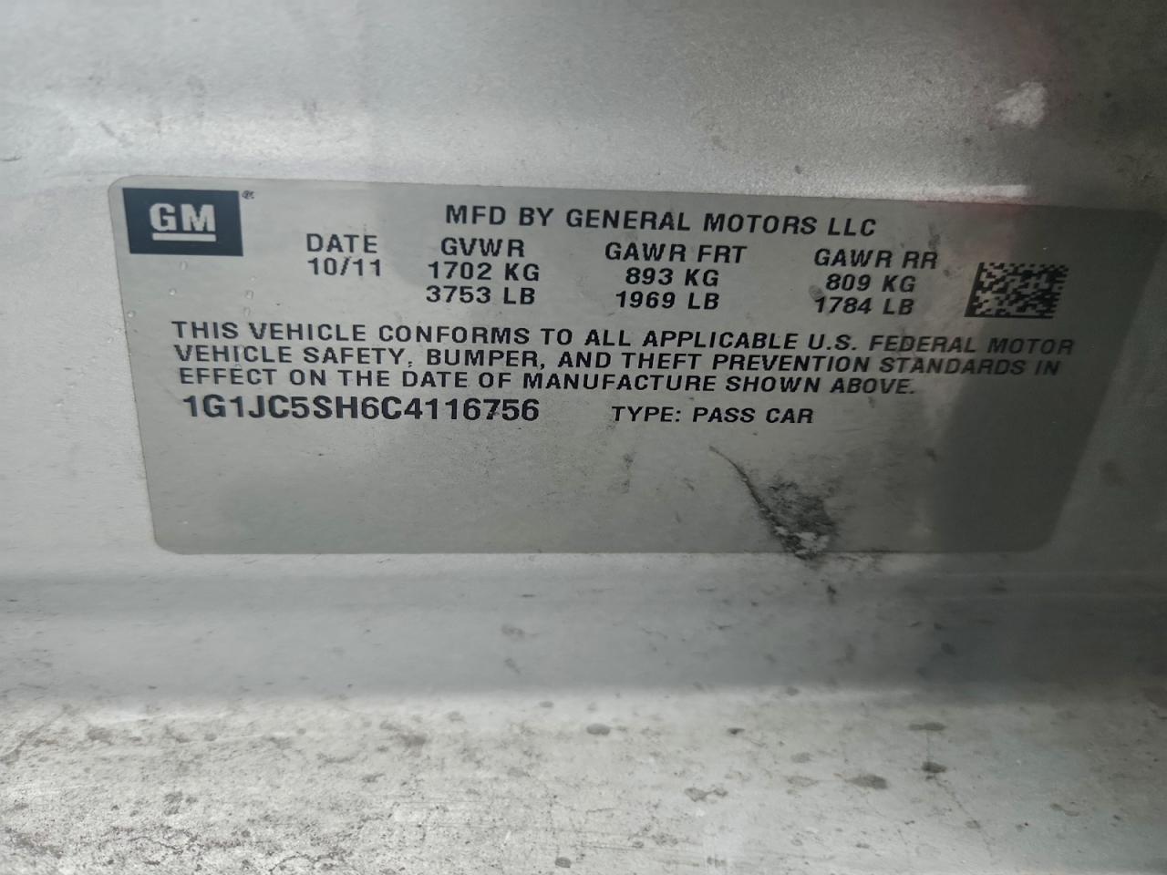 2012 Chevrolet Sonic Lt VIN: 1G1JC5SH6C4116756 Lot: 94361545