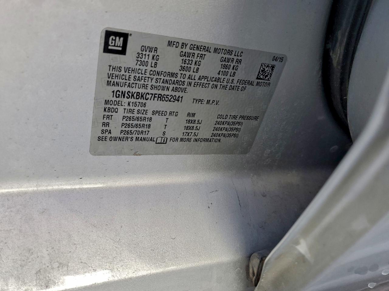 2015 Chevrolet Tahoe K1500 Lt VIN: 1GNSKBKC7FR652941 Lot: 93876285