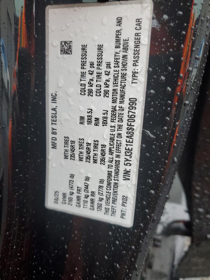 2025 Tesla Model 3 VIN: 5YJ3E1EA8SF067990 Lot: 92847515