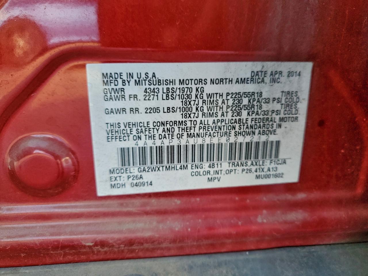 2014 Mitsubishi Outlander Sport Es VIN: 4A4AP3AU8EE027212 Lot: 93758645