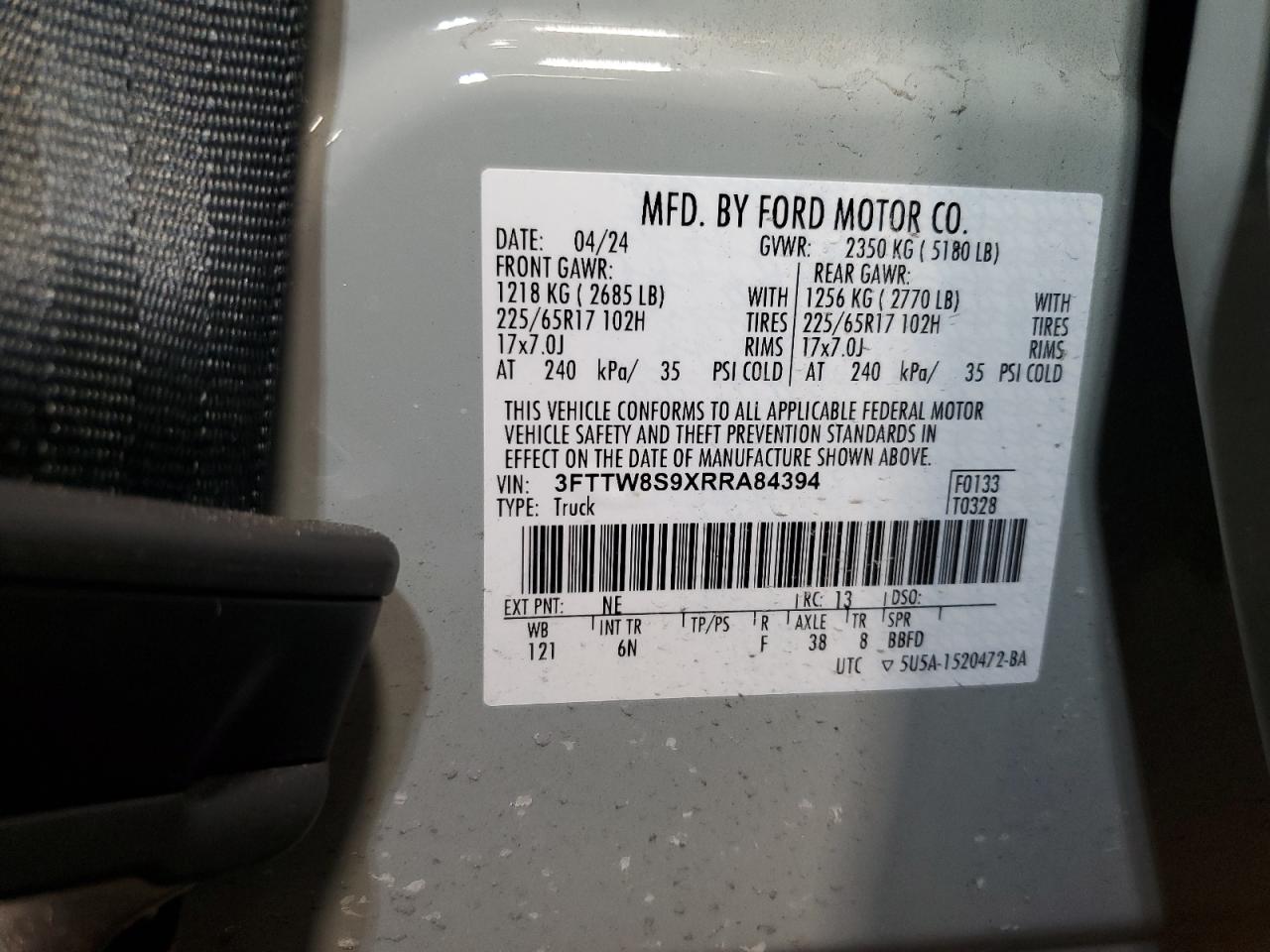 2024 Ford Maverick Lariat VIN: 3FTTW8S9XRRA84394 Lot: 93614635