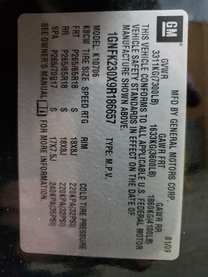 2009 Chevrolet Tahoe K1500 Lt VIN: 1GNFK230X9R186657 Lot: 93434035