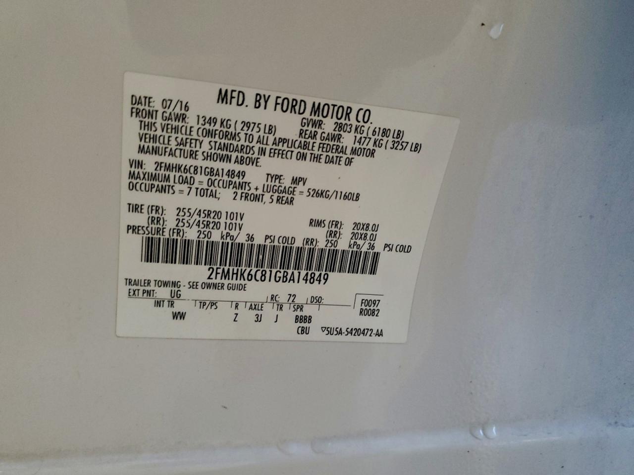 2016 Ford Flex Sel VIN: 2FMHK6C81GBA14849 Lot: 94267875