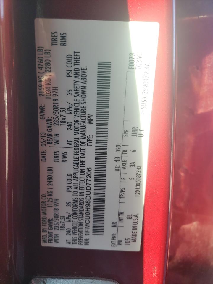 2013 Ford Escape Sel VIN: 1FMCU0H98DUD77206 Lot: 91780025