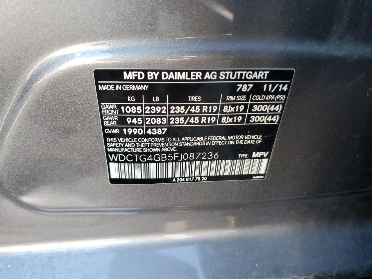 2015 Mercedes-Benz Gla 250 4Matic VIN: WDCTG4GB5FJ087236 Lot: 85427015