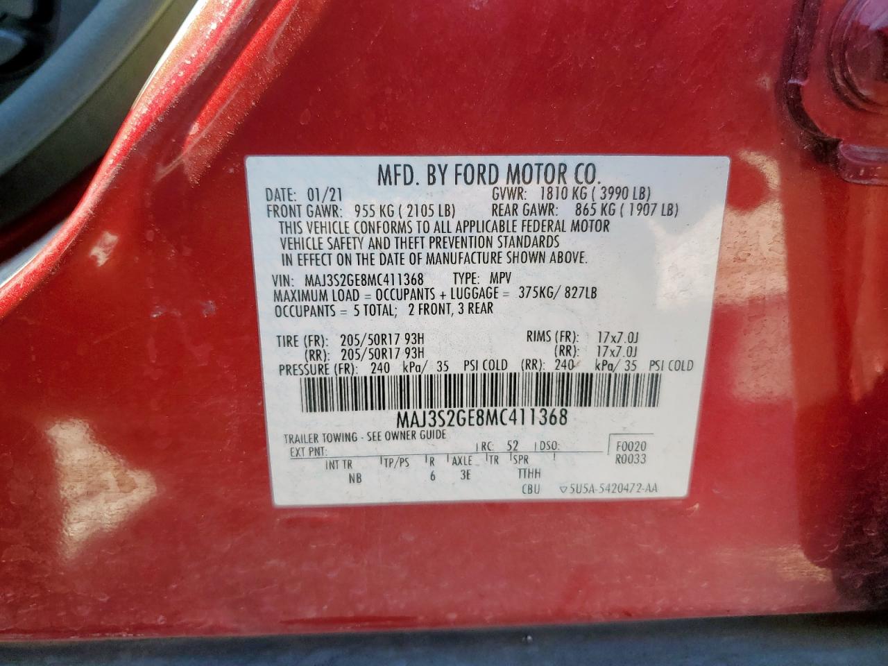 2021 Ford Ecosport Se VIN: MAJ3S2GE8MC411368 Lot: 91206315