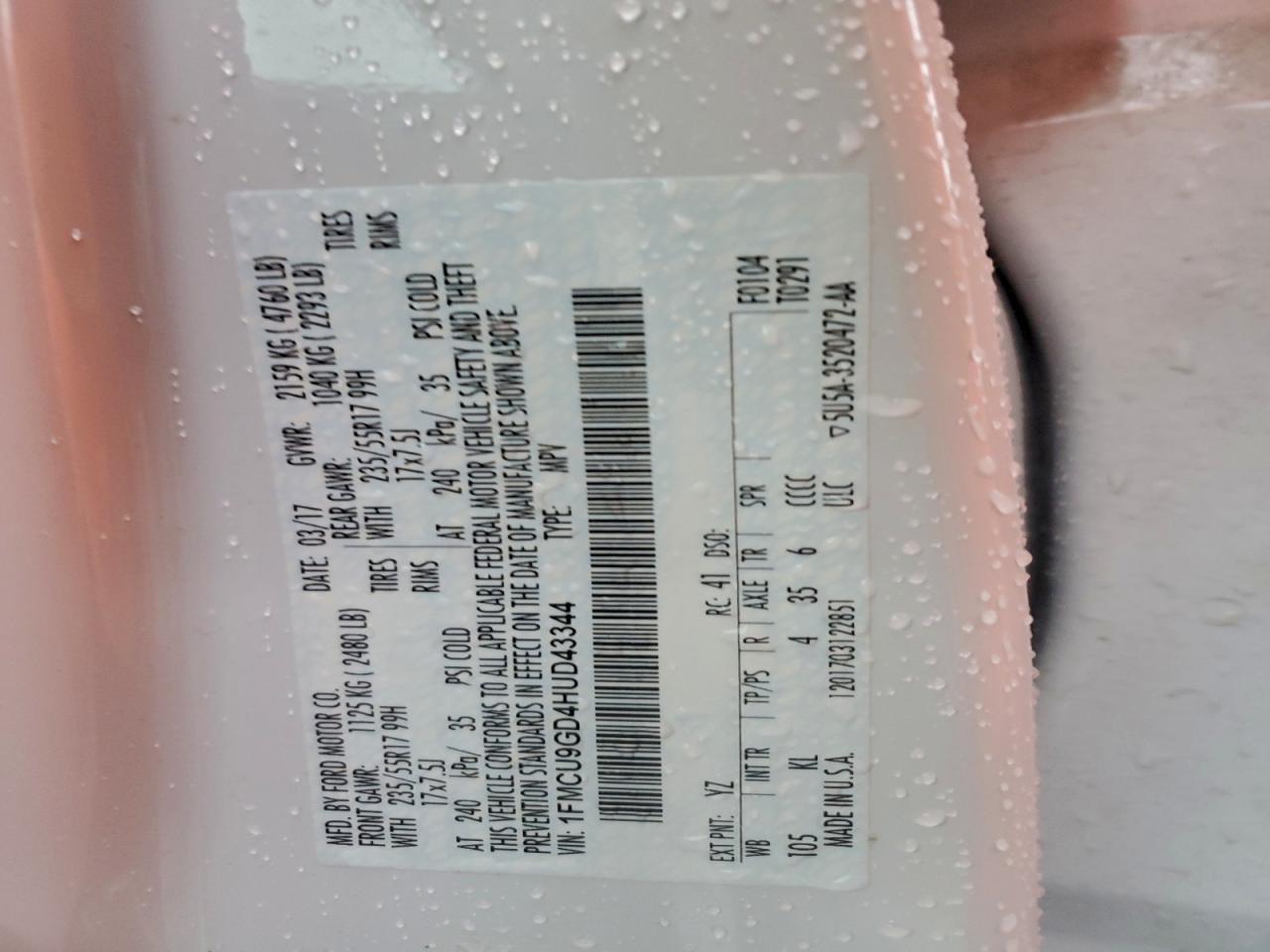 2017 Ford Escape Se VIN: 1FMCU9GD4HUD43344 Lot: 94722185