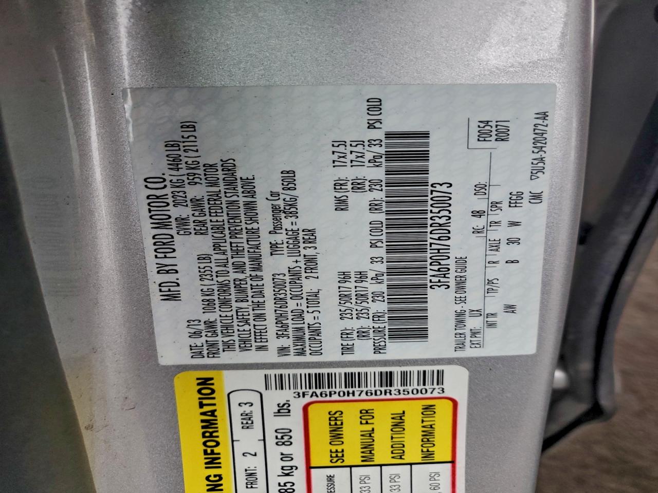 2013 Ford Fusion Se VIN: 3FA6P0H76DR350073 Lot: 93801925