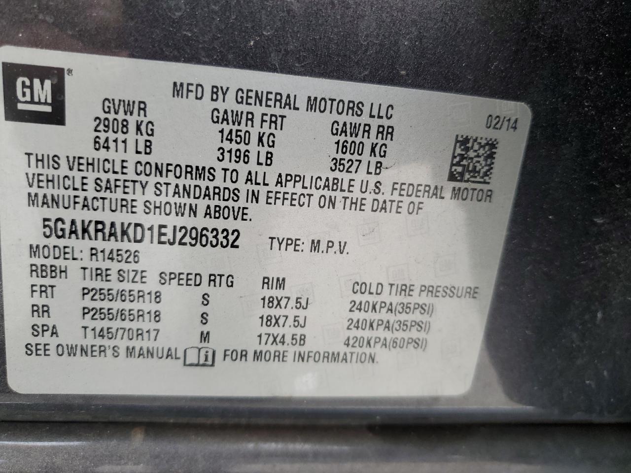 2014 Buick Enclave VIN: 5GAKRAKD1EJ296332 Lot: 93387895