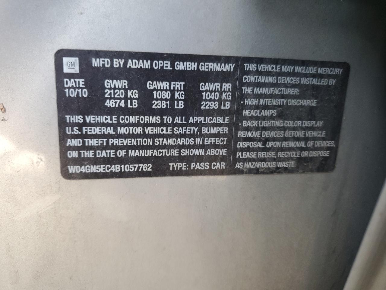 2011 Buick Regal Cxl VIN: W04GN5EC4B1057762 Lot: 92247265