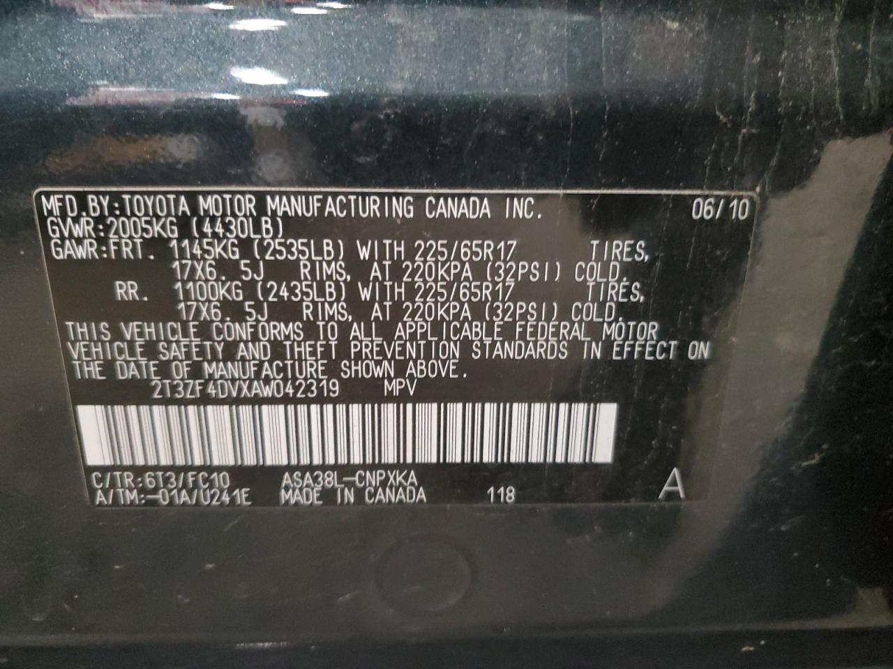 2010 Toyota Rav4 VIN: 2T3ZF4DVXAW042319 Lot: 92885305