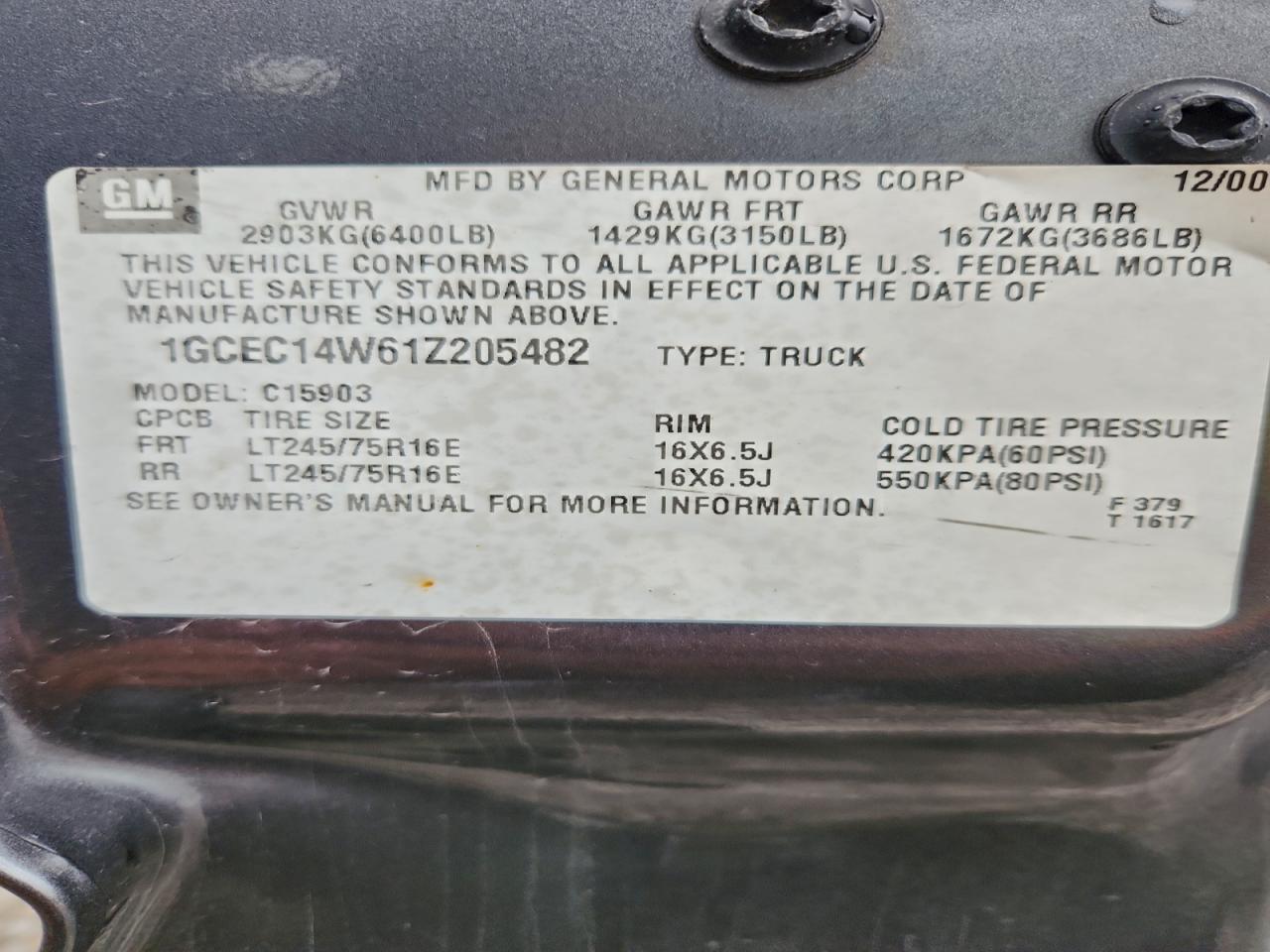 2001 Chevrolet Silverado C1500 VIN: 1GCEC14W61Z205482 Lot: 93874845