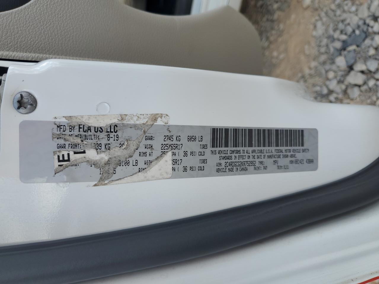 2019 Dodge Grand Caravan Sxt VIN: 2C4RDGCG2KR752952 Lot: 92829695