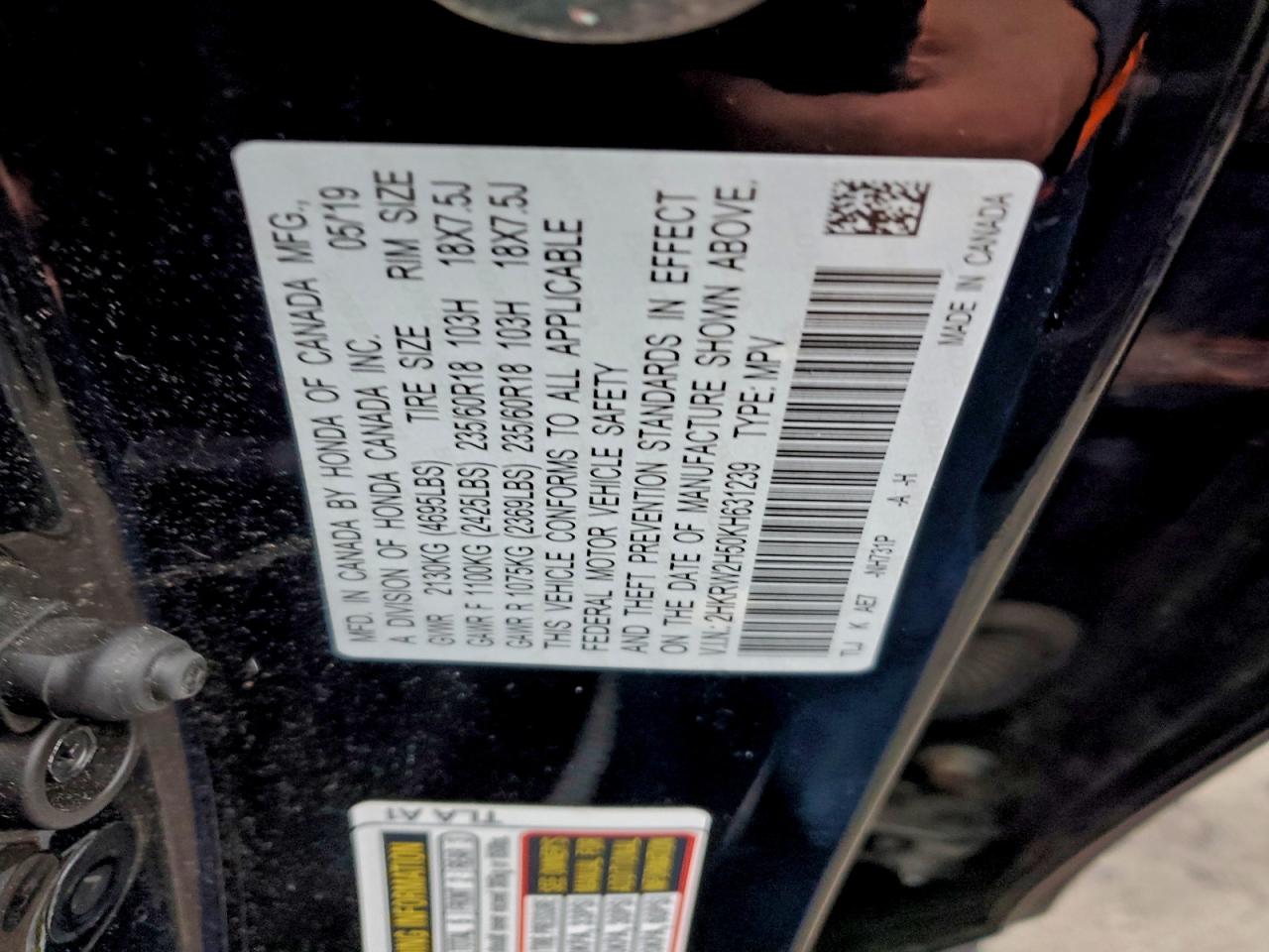 2019 Honda Cr-V Ex VIN: 2HKRW2H50KH631239 Lot: 93722395