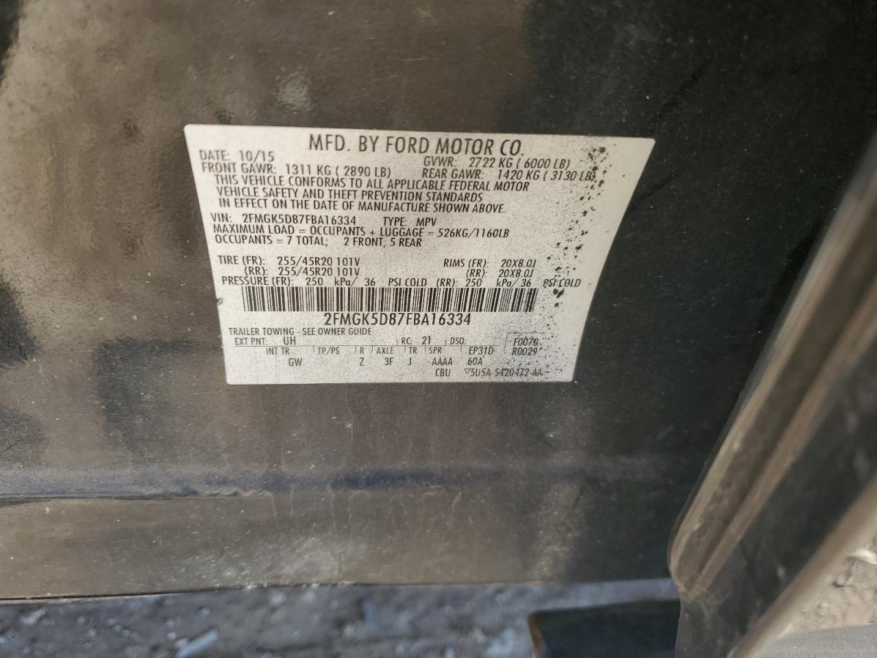 2015 Ford Flex Limited VIN: 2FMGK5D87FBA16334 Lot: 91406485