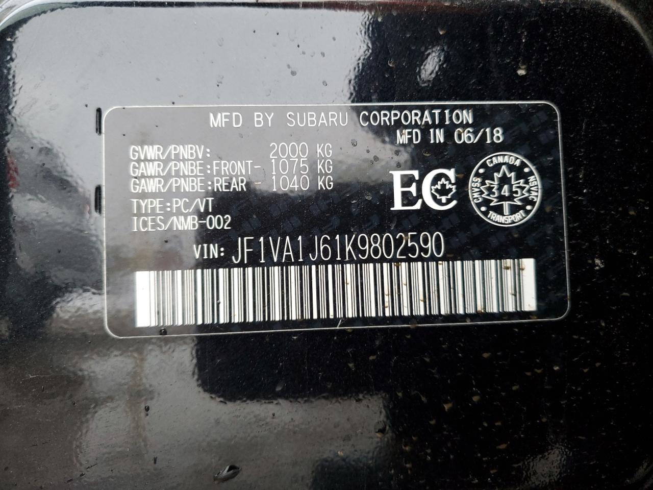 2019 Subaru Wrx Limited VIN: JF1VA1J61K9802590 Lot: 81188765