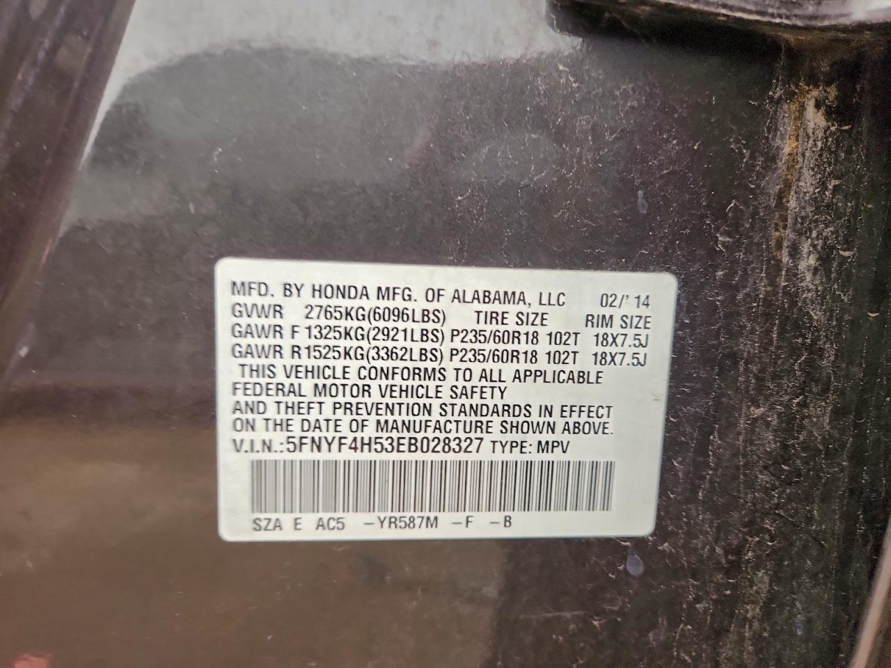 2014 Honda Pilot Exl VIN: 5FNYF4H53EB028327 Lot: 93439405