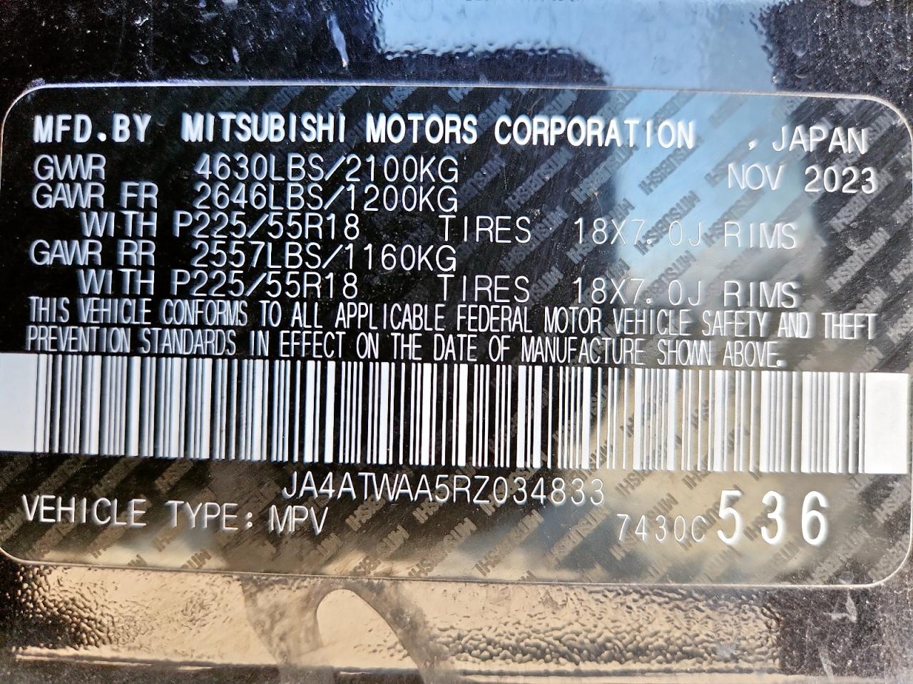 2024 Mitsubishi Eclipse Cross Se VIN: JA4ATWAA5RZ034833 Lot: 92895215