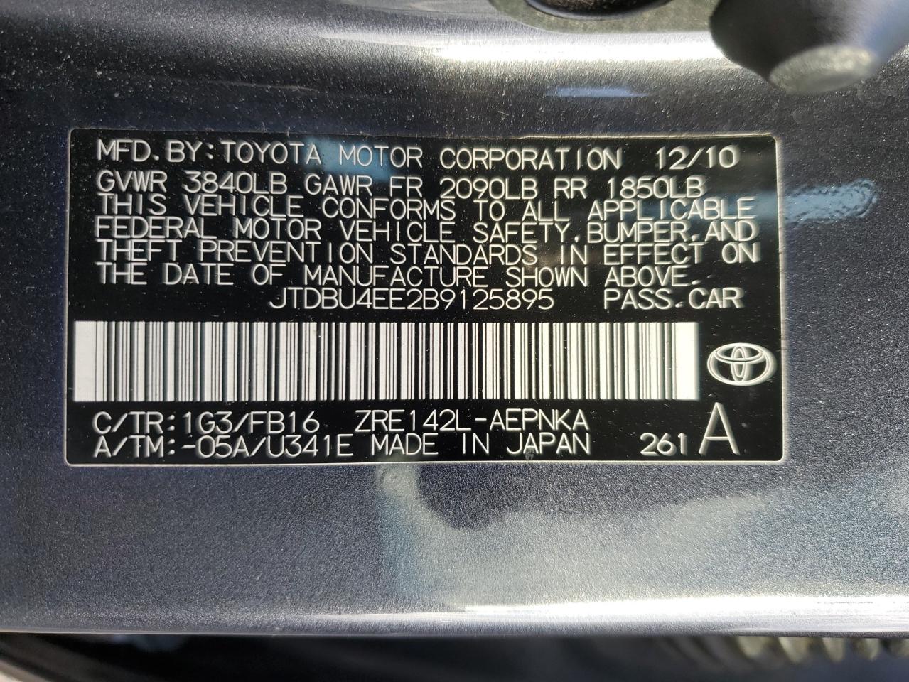 2011 Toyota Corolla Base VIN: JTDBU4EE2B9125895 Lot: 92026915