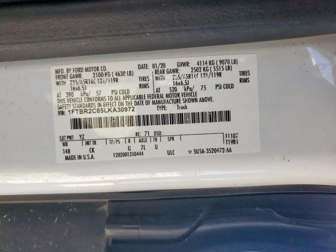 2020 Ford Transit T-250 Utility / Service Truck VIN: 1FTBR2C85LKA30972 Lot: 90887675