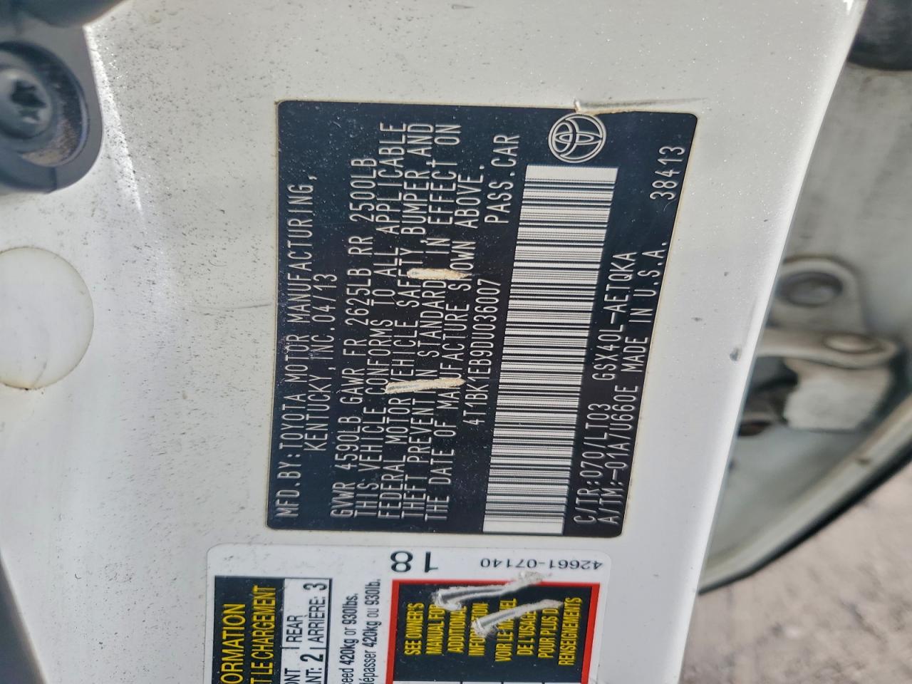 2013 Toyota Avalon Base VIN: 4T1BK1EB9DU036007 Lot: 94297055