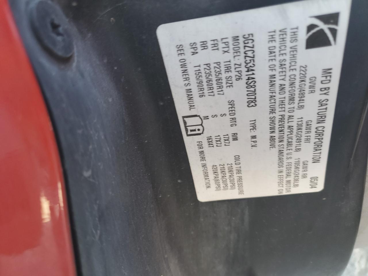 2004 Saturn Vue VIN: 5GZCZ53414S870783 Lot: 93035405