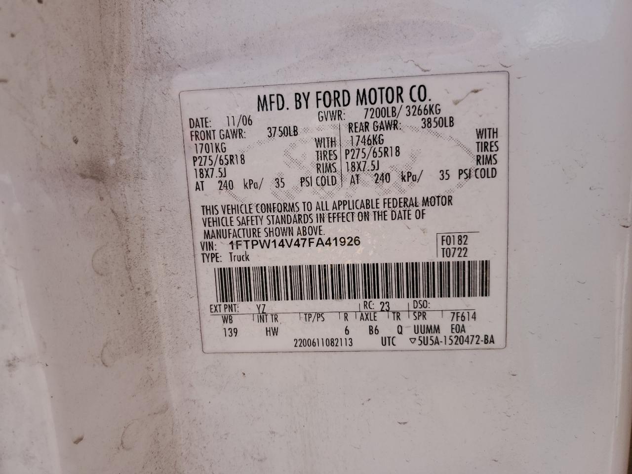 2007 Ford F150 Supercrew VIN: 1FTPW14V47FA41926 Lot: 93663185