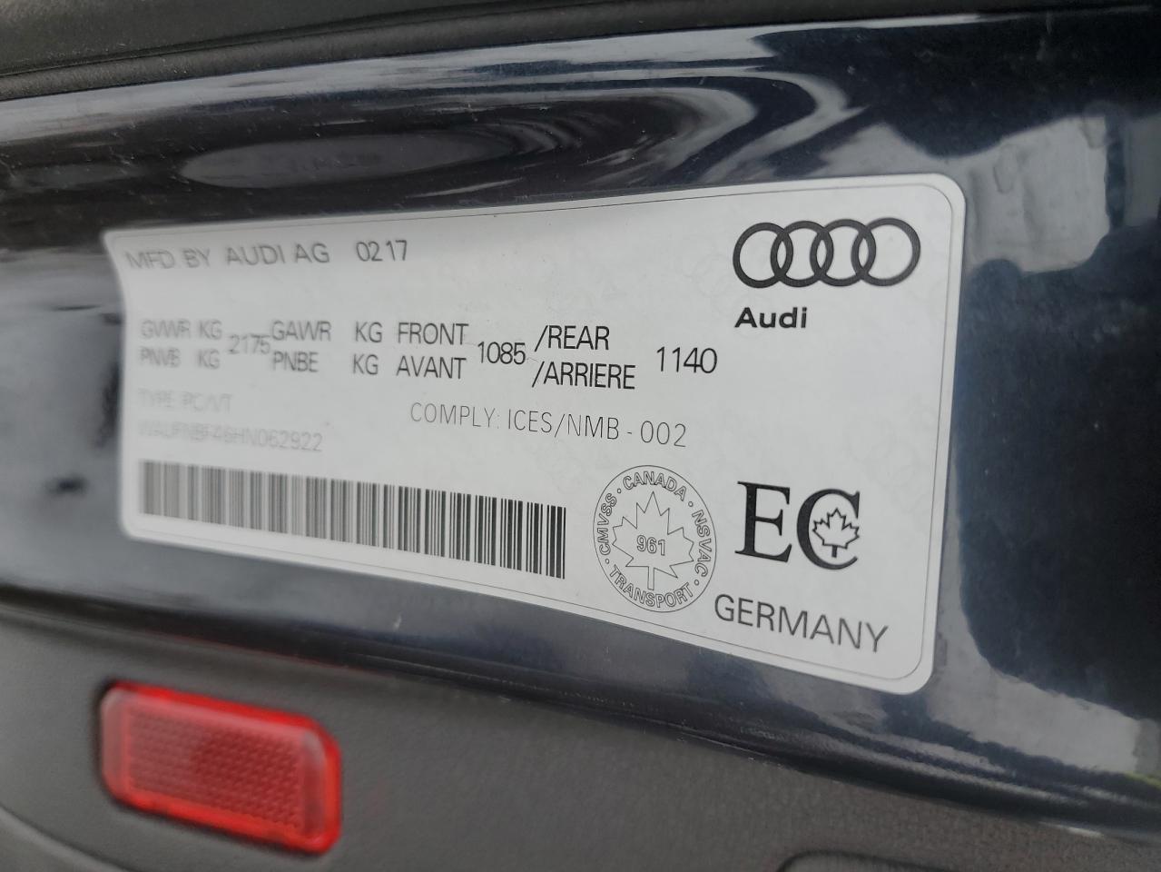 2017 Audi A4 Prestige VIN: WAUFNBF46HN062922 Lot: 92577395