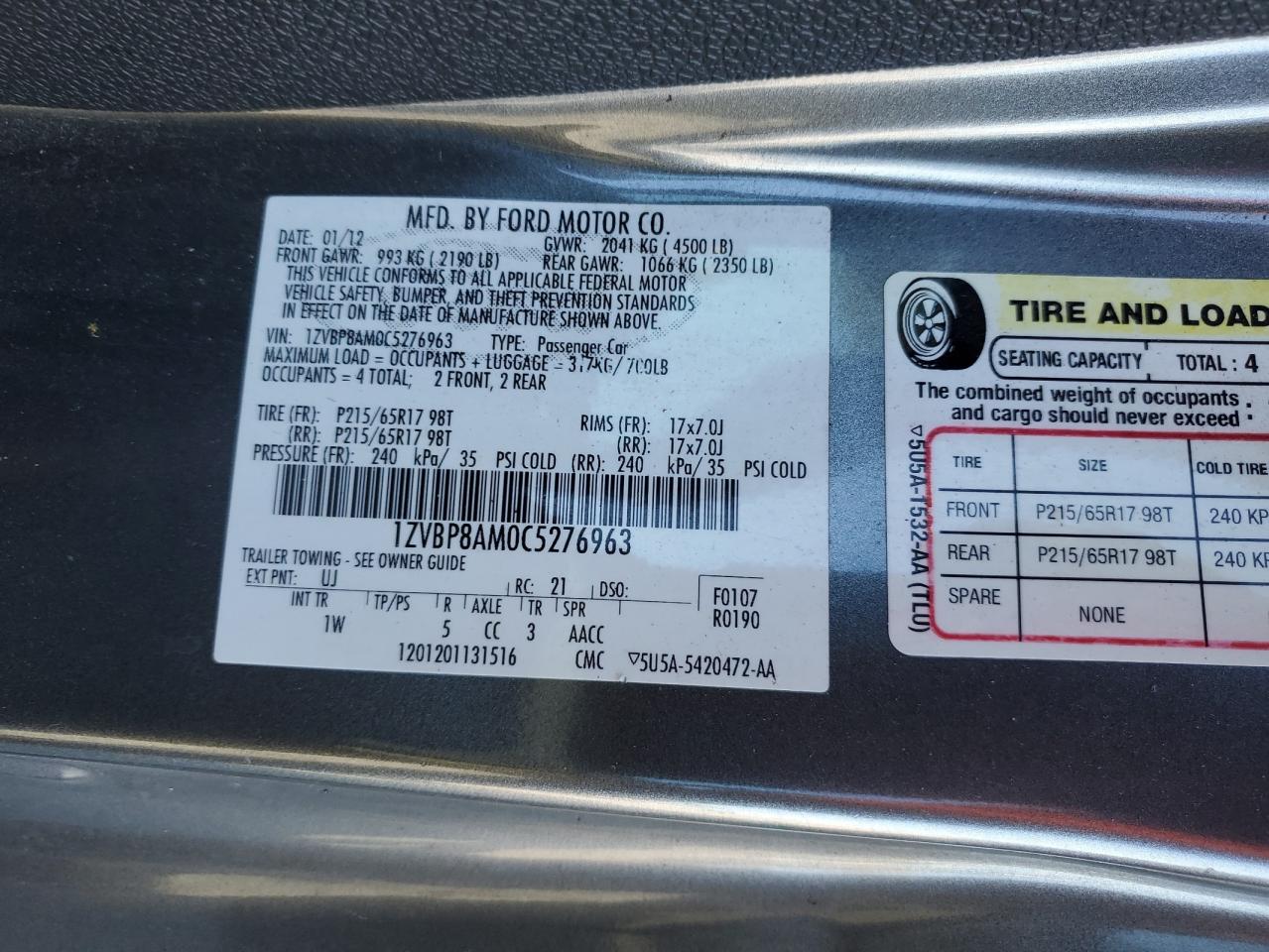 2012 Ford Mustang VIN: 1ZVBP8AM0C5276963 Lot: 91781115