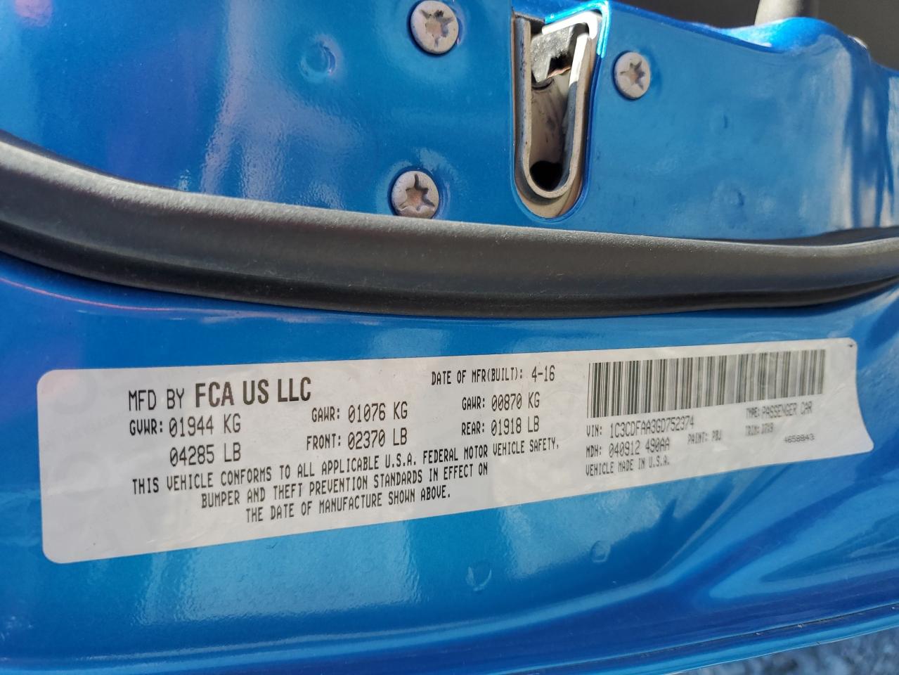 2016 Dodge Dart Se VIN: 1C3CDFAA3GD752374 Lot: 90711195