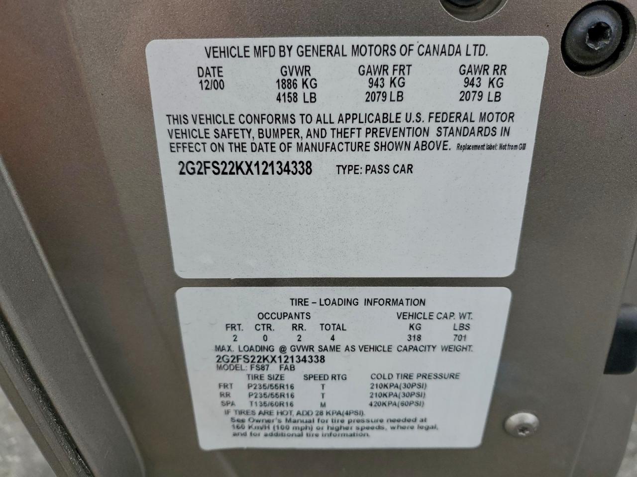 2001 Pontiac Firebird VIN: 2G2FS22KX12134338 Lot: 93667555