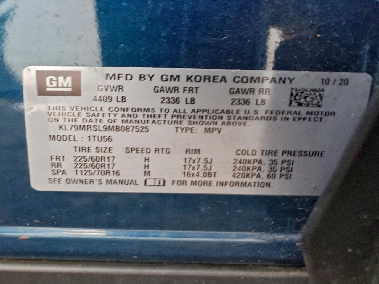 2021 Chevrolet Trailblazer Lt VIN: KL79MRSL9MB087525 Lot: 93600545