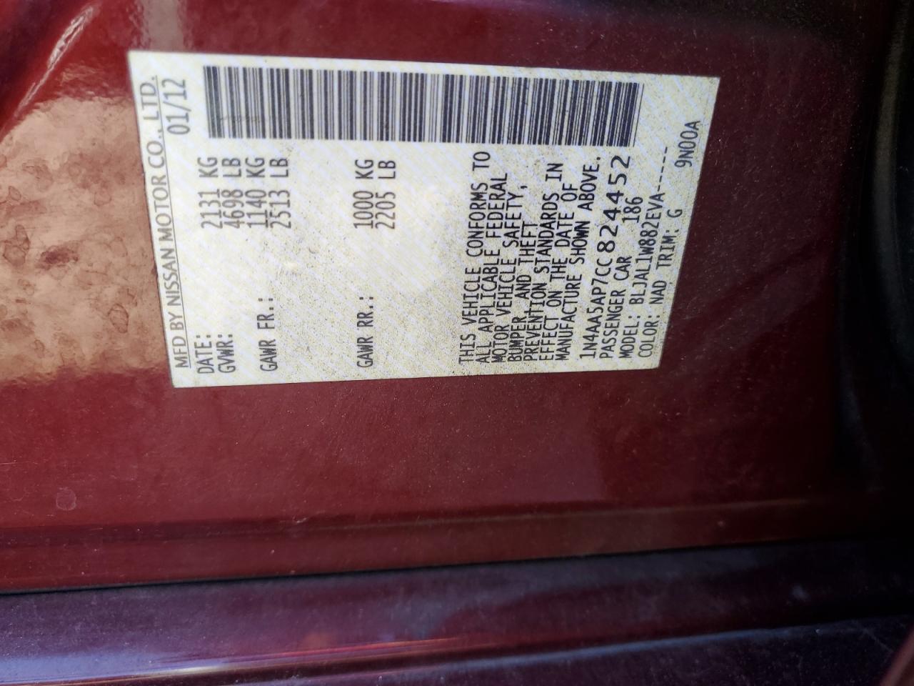 2012 Nissan Maxima S VIN: 1N4AA5AP7CC824452 Lot: 92322785